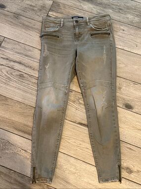 EUC Zara Olive Green Slim Moto Jeans, sz 26